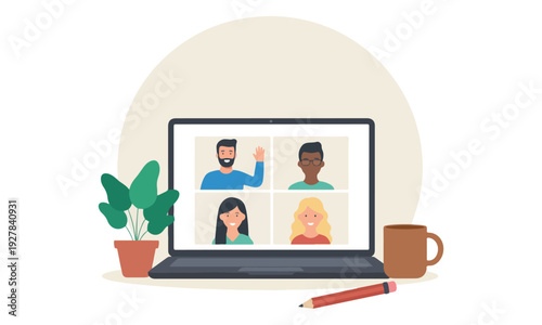 Laptop Video Conference with Diverse People and Desk Accessories