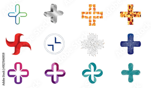 Creative plus symbol logo set with modern branding variations isolated on transparent background
