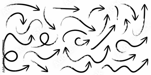 Collection of hand drawn arrows and curved lines on a white background