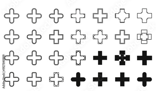 Add plus sign logo collection in outline and solid style isolated on transparent background