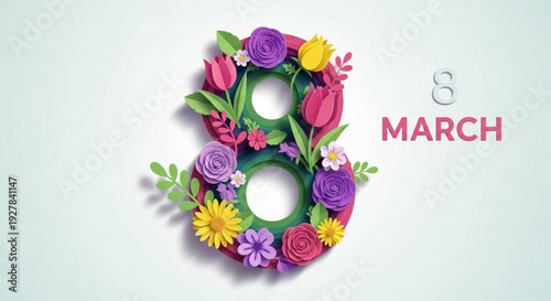 Colorful floral number eight with march date international women's day decoration flowers and leaves on green background