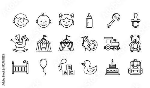 Kids and Baby Linear Icon Set Editable Stroke Happy Children Toys and Nursery Vector Pack