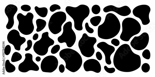 A seamless pattern of irregular black shapes on a white background