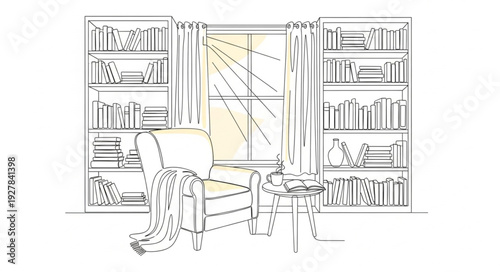 Library Bookshelves with Books and Light.