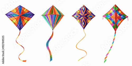 Four colorful diamond kites are displayed against a plain white background