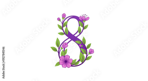 Purple ribbon with pink flowers and green leaves on white background symbolizing awareness and support