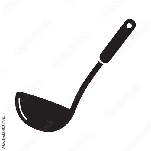 Black silhouette of a ladle with handle and hole isolated on white background for kitchen utensil design  simple cooking scoop icon
