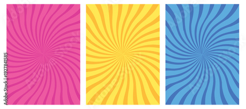 Vibrant Radial Hypnotic Swirl Panels | Psychedelic Sunburst Optical Illusion in Hot Pink, Yellow, Cyan Blue | Energetic Op Art Abstract Background 