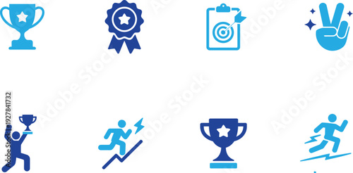 Achievement and success icons. Winner trophy, award badge, goal target, and career growth. Vector illustration