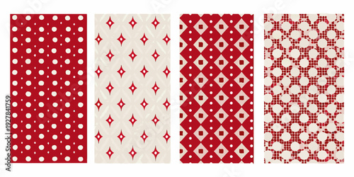 Four vertical panels display red and white patterned textile designs