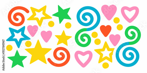 Colorful assortment of whimsical shapes including stars hearts and swirls