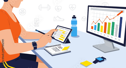 Woman tracking fitness progress on tablet at desk with computer chart