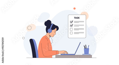 Woman with headphones working on laptop, checking off tasks on a list