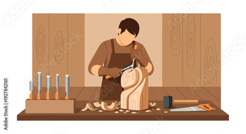 Woodcarver sculpting detailed artwork with chisels and tools on workbench