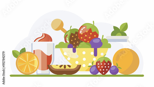 Colorful fruit smoothie with various fresh fruits in a flat illustration