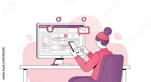 Woman Using Smartphone at Desk with Computer Screen Notifications