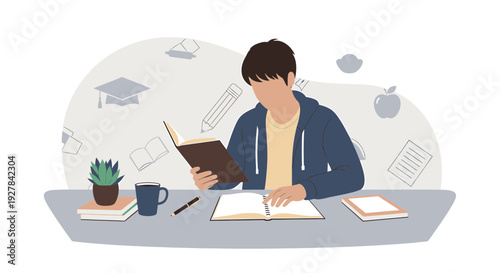 Young man reading a book at a desk, surrounded by study elements