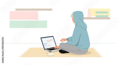 Young person in hoodie using laptop on floor with coffee, studying or coding