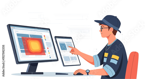 Young person designing on computer and tablet, graphic design, web development, digital art