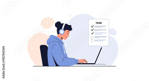 Young person with headphones working on laptop with task list