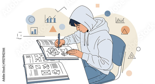 Young student drawing in sketchbook, learning graphic design and data visualization