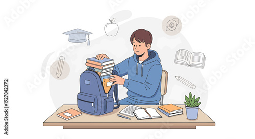 Young student packing books into backpack for school, studying, learning