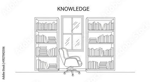 Knowledge Illustration with Bookshelves and Chair.