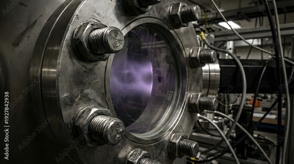 Fototapeta premium Macro of Stainless Steel UHV Vacuum Flange with Bolts and Violet Plasma Glow