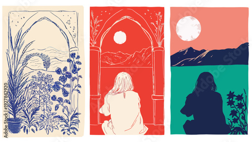 Woman contemplating serene landscape through an arched doorway filled with lush blue foliage, dreamy twilight, peaceful, tranquil, serene, nature's beauty, indoors looking out