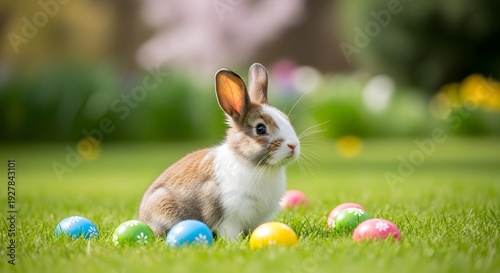 Cute Easter Bunny with Colored Eggs.