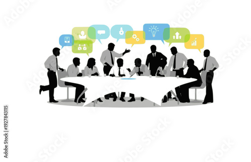 Collaborative Business Meeting Silhouette, Diverse Team Brainstorming Together in Office Vector Illustration