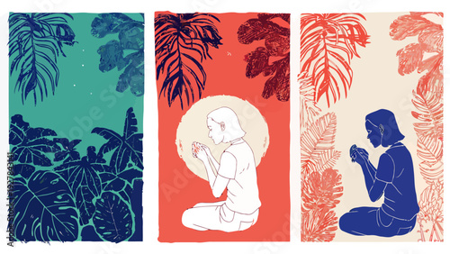 Woman sitting peacefully in nature, holding a seed or small object, surrounded by lush leaves and tropical plants, mindful moment, serene atmosphere, contemplation, inner peace