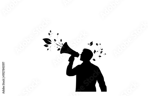 Positive Communication and Eco Activism Silhouette, Person with Megaphone Spreading Green Ideas Vector