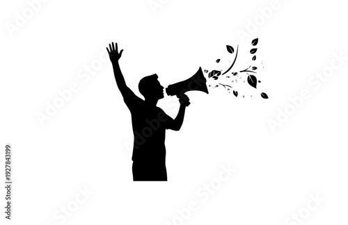 Positive Communication and Eco Activism Silhouette, Person with Megaphone Spreading Green Ideas Vector