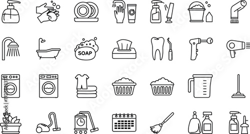 Hygiene and Household Cleaning Line Icon Set with Soap, Handwash, Bathroom Items, Laundry, Personal Care, and Home Sanitation Symbols