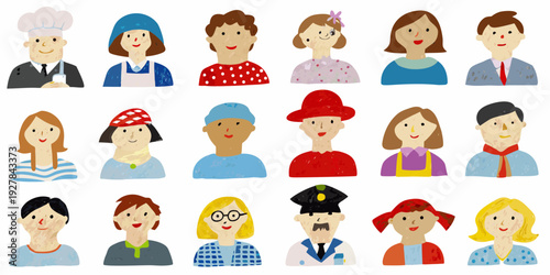 Diverse group of illustrated people with varying hairstyles and hats