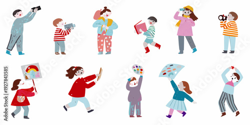 Diverse group of illustrated people engaged in various activities outdoors