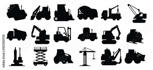 Construction equipment silhouette icon set with excavator, bulldozer, dump truck, crane, forklift, concrete mixer and industrial heavy machinery vector collection
