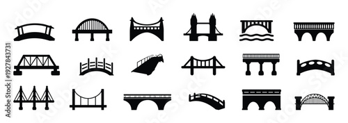 Bridge silhouettes vector set featuring arch, suspension, truss and pedestrian bridges isolated black icons for architecture, infrastructure and transportation design