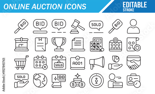 Online Auction Line Icons – Bidding and Ecommerce Marketplace Set