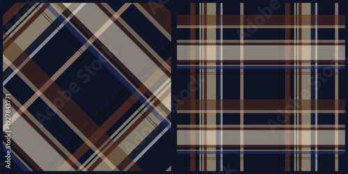 Plaid pattern with intersecting lines and geometric shapes in brown, gray, blue on dark background