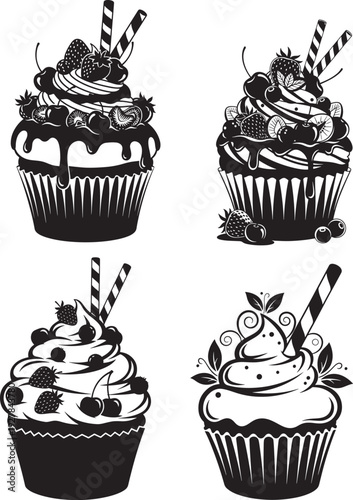 Four decorative black and white cupcakes with assorted toppings. Elaborate desserts for celebrations or baking concepts.