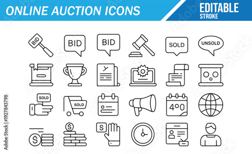 Online Auction Icons Set – Bidding Platform, Ecommerce Marketplace, Gavel, Bid, Sale and Winning Trophy Line Vector Collection