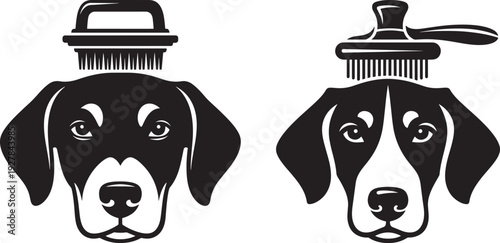 Two dog heads with grooming brushes on top, representing pet care, dog grooming services, and animal hygiene.
