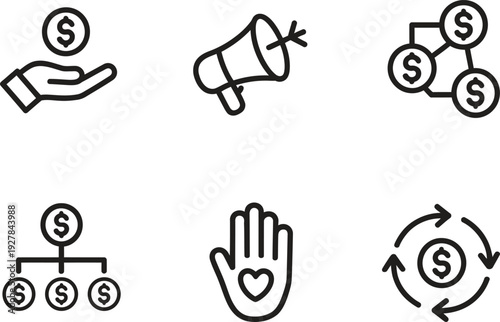 Financial Growth and Non Profit Icons: Money Management, Fundraising, and Charitable Giving Vector Illustration