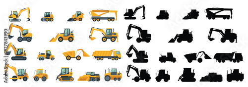 Construction heavy equipment vector and silhouette set featuring excavator, bulldozer, loader, dump truck, crane and tractor machines for building industry illustration collection