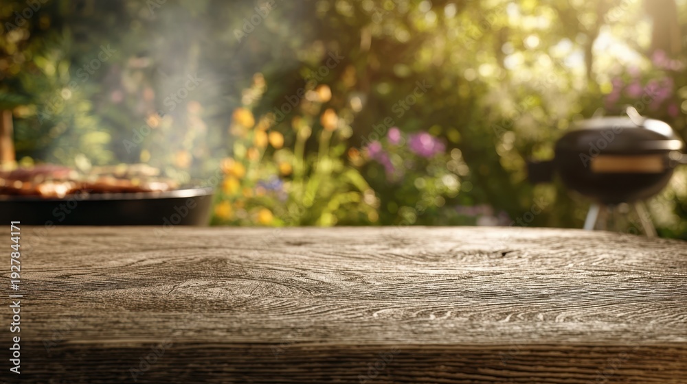 Fototapeta premium The Wooden Table in a Sunny Backyard Barbecue Scene with Blurred Grills