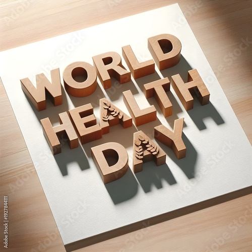Wooden letters of the alphabet in the form of the words WORLD HEALTH DAY lying on a white table. Beautiful card. Isolated background, wooden surface. Congratulations for relatives, friends, colleagues