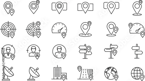 Location and Navigation Line Icon Set Featuring GPS Pins, Tracking, Mapping, Speed, User Position, Direction Signs, and Global Positioning Symbols