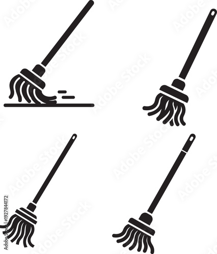 Four stylized black icons of mops with handles, including one actively cleaning a surface, symbolizing cleaning and household chores.
